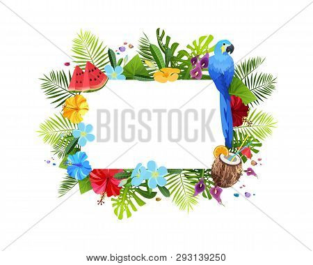 Exotic Flowers And Leaveshorisontal Frame With Copyspace Isolated On White Background. Colorful Touc
