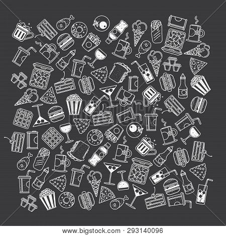 Fast Food, Seamless Pattern. Black And White Illustration.