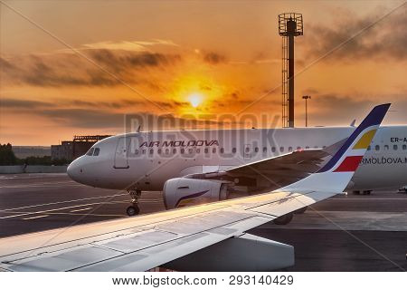 Chisinau, Moldova - August 29, 2018 Chisinau International Airport, Planes And Airport Gear On Runwa