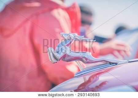 Samara, Russia - August 18, 2018: Figure-emblem Deer On The Hood Of A Retro Car Volga Gas-21