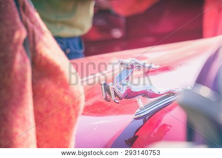 Samara, Russia - August 18, 2018: Figure-emblem Deer On The Hood Of A Retro Car Volga Gas-21