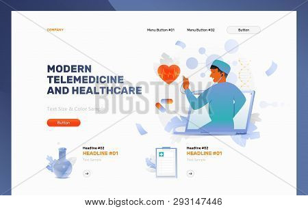 Modern Telemedicine And Healthcare Vector Header Or Frontpage Template. Doctor With Stethoscope On L