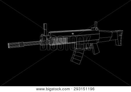 Assault Rifle, Automatic Fire Rifle Model Wireframe Low Poly Mesh Vector Illustration