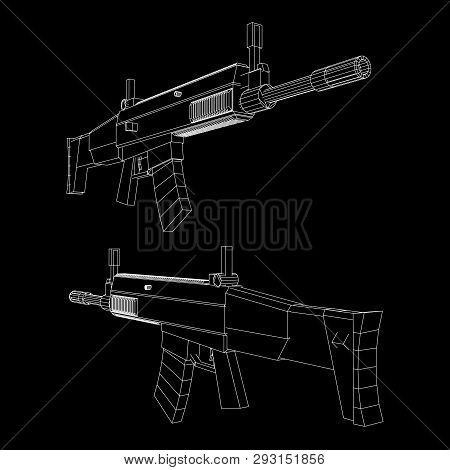 Assault Rifle, Automatic Fire Rifle Model Wireframe Low Poly Mesh Vector Illustration