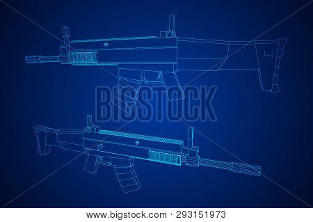 Assault Rifle, Automatic Fire Rifle Model Wireframe Low Poly Mesh Vector Illustration