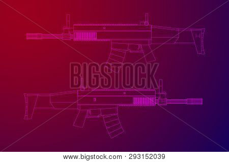 Assault Rifle, Automatic Fire Rifle Model Wireframe Low Poly Mesh Vector Illustration