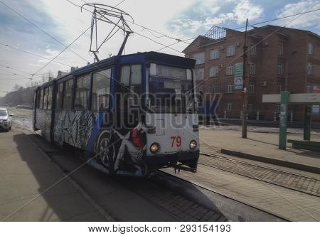Kazakhstan, Ust-kamenogorsk, March 29, 2019: Old Soviet Tram Ktm 5 (71-605). Electric Public Transpo