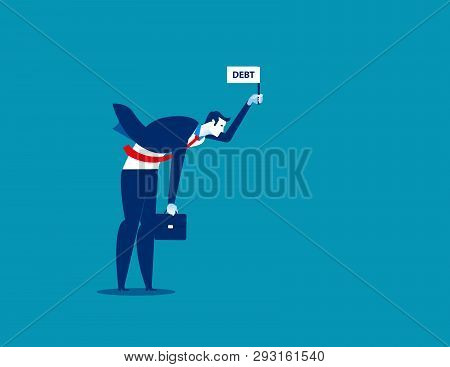 Businessman Standing And Holding Debt Flag Sign. Concept Business Vector Illustration.