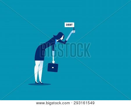 Businesswoman Standing And Holding Debt Flag Sign. Concept Business Vector Illustration.