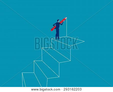 Businessman Drawing Outline Of Steps With Pen. Concept Business Vector Illustration.