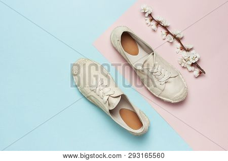 Beige Fashionable Women's Espadrilles With Spring Flowering Branch On Color Pastel Blue Pink Backgro