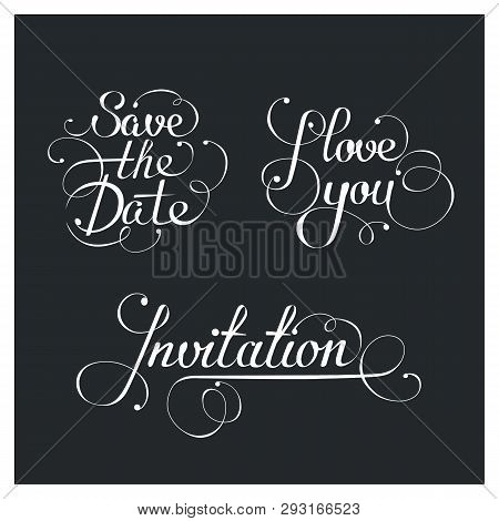 Set Of Wedding Calligraphic Lettering, Vector Design Elements. Black And White Illustration.