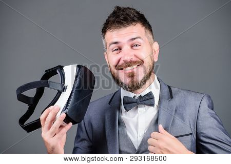 Business Man Virtual Reality. Modern Gadget. Innovation And Technological Advances. Businessman Expl