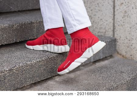 Cape Town, South Africa. 03 April 2019. A Pair Of White And Red Adidas Nmd Running Shoes.