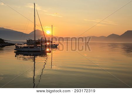 Beautiful Sunrise Off The Coast Of The Meganisi Island, Ionian Sea, Greece.