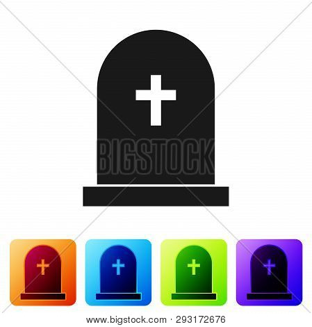 Black Tombstone With Cross Icon Isolated On White Background. Grave Icon. Set Icon In Color Square B