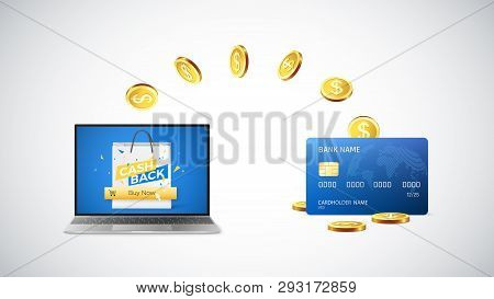 Cashback Concept. Golden Coins Return To Credit Card After Buying Things Online. Online Shopping Wit