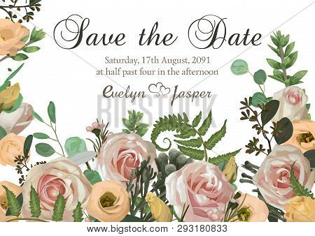 Dusty Pink, Creamy White Antique Rose, Pale Flowers Vector Design Wedding Frame. Flowers, Eustoma, B