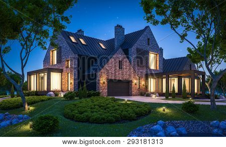 3D Rendering Of Modern Clinker House On The Ponds With Pool In Night