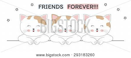Beautiful Cats Friends Forever White Background. Greetin Card