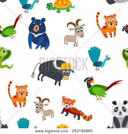 Wild Asia Animals Seamless Pattern In Flat Style