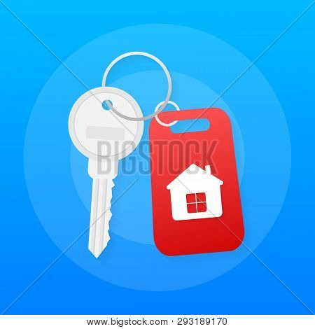 Hand Agent With Home In Palm And Key On Finger. Offer Of Purchase House, Rental Of Real Estate. Vect