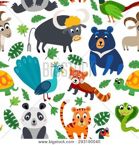 Wild Asia Animals Seamless Pattern In Flat Style