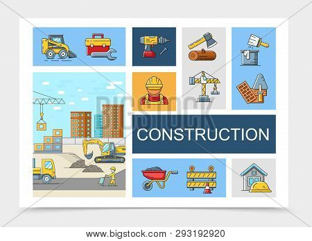 Linear Construction Elements Collection With Toolbox Forklift Drill Builders Ax Crane Brush Bucket T