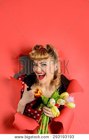 Through Paper. Smiling Woman Through Hole In Paper. Pin Up Girl Looking Through Paper. Pin Up Woman 