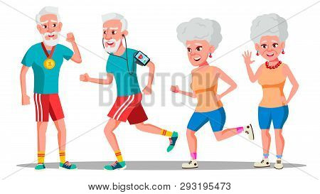 Jogger Old People Vector. Jogger Couple. Active Health Training. Illustration