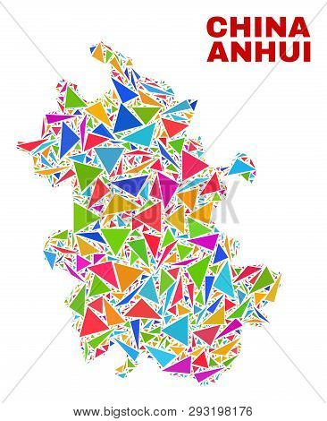 Mosaic Anhui Province Map Of Triangles In Bright Colors Isolated On A White Background. Triangular C