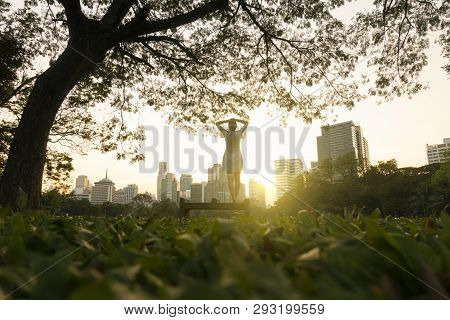 A Woman Is Standing On The Chair In The Publick Park As Acting For Relaxation Life Style During Suns