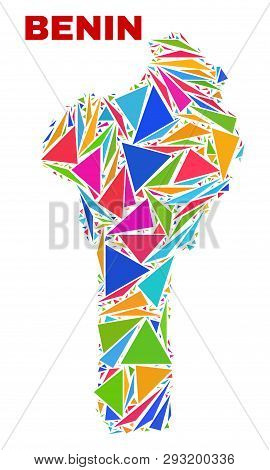 Mosaic Benin Map Of Triangles In Bright Colors Isolated On A White Background. Triangular Collage In