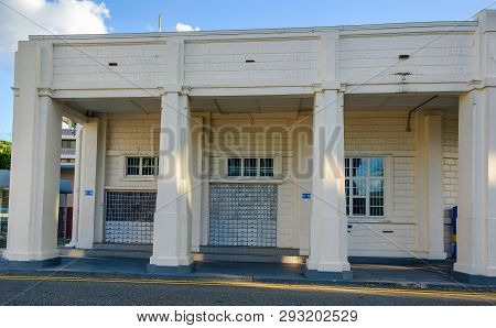 Grand Cayman, Cayman Islands, Nov 2018, facade of the  George Town post office building