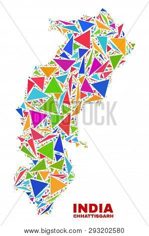 Mosaic Chhattisgarh State Map Of Triangles In Bright Colors Isolated On A White Background. Triangul