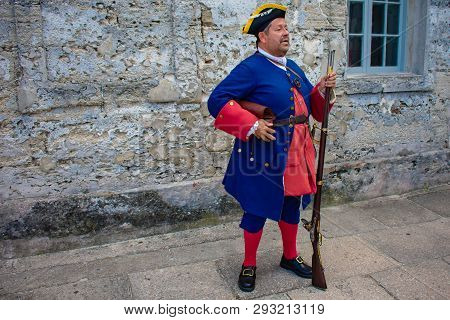St. Augustine, Florida. March 31 , 2019 . Reenactor Dressed As A Spanish Soldier Of The Seventeenth 