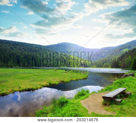 Kleiner Arbersee lake in the National park Bavarian forest,Germany. Beautiful spring landscape at sunset.
