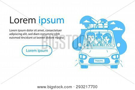 Family Traveling By Car Outline Cartoon Vector Illustration