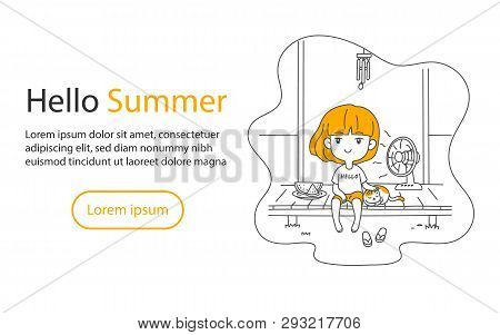 Cute Asian Girl And Cat Relaxing At Home Terrace Summer With Watermelon And Fan Vector Illustration