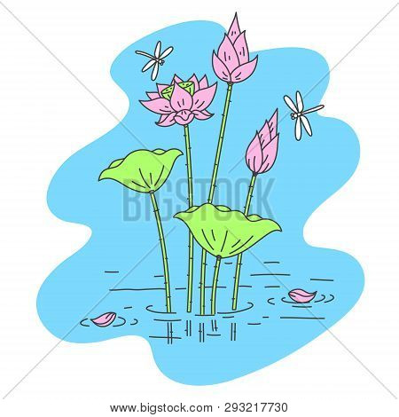 Simple Outline Lotus Flower With Dragonfly Vector Illustration