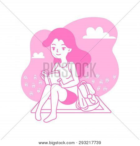 Young Woman Reads The Book On Meadow, Simple And Clean Line Cartoon Style Vector Illustration