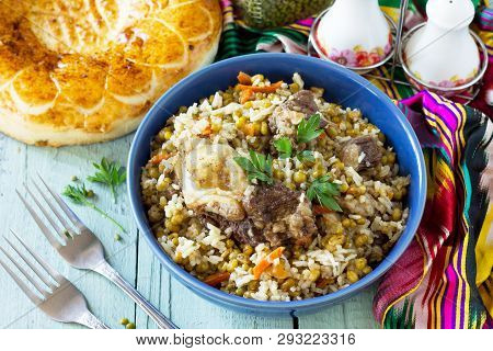 Arabic Cuisine. Events Ramadan. Middle Eastern Mashkichiri (porridge Made Of Rice, Beef And Mung Bea