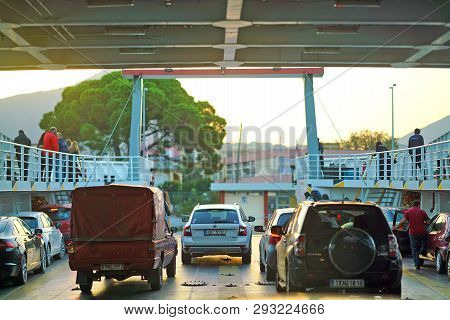 Igoumenitsa, Greece, October 20 2018, Arrival Of The Ferry From Corfu With Cars Ready For Landing In