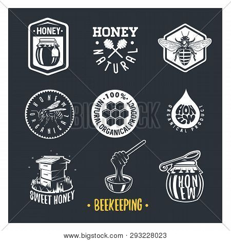 Beekeeping. Set Of Vintage Honey Labels, Badges, Logotypes And Design Elements. Apiary Logo Template