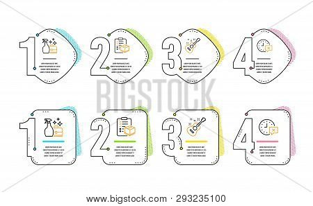 Parcel Checklist, Cleanser Spray And Guitar Icons Simple Set. Time Sign. Logistics Check, Washing Li