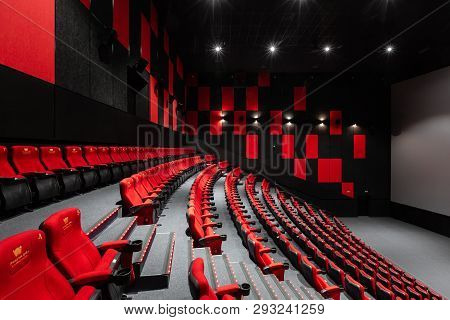 Russia, Nizhny Novgorod - November 14, 2016: Cinema Imperia Grez Nebo, Dolby Atmos. Empty Red Cinema