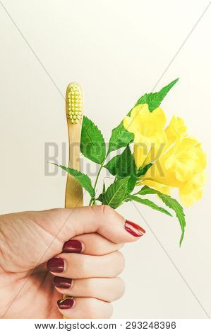 Zero-waste, Biodegradable Bamboo Toothbrush With A Yellow Flower In A Hand Of A Woman