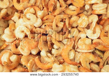 Frozen Raw Natural Shrimp Background. Top View.