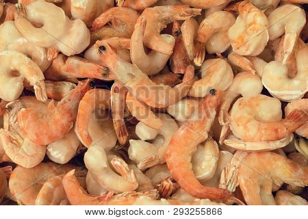 Frozen Raw Natural Shrimp Background. Top View.