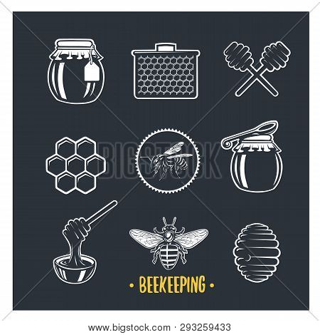 Beekeeping. Set Of Vintage Honey Labels, Badges, Logotypes And Design Elements. Apiary Logo Template